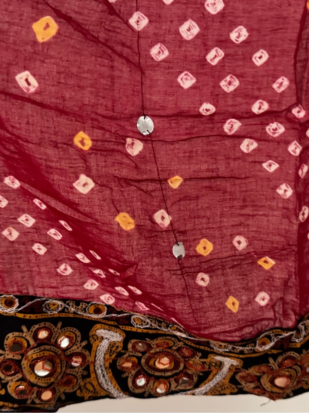 Red Bandhani Dupatta Scarf with Mirror Work & Shell Trim